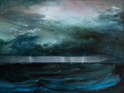Nighttime Storm<br />
Oil on Canvas<br />
Dimensions: 47″ wide 35″ high