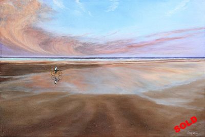 Girl on the Bike<br />
Oil on Canvas<br />
Dimensions: 36″ wide 24″ high