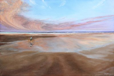 Girl on the Bike<br />
<span style="color:red">SOLD</span><br />
Oil on Canvas<br />
Dimensions: 36″ wide 24″ high