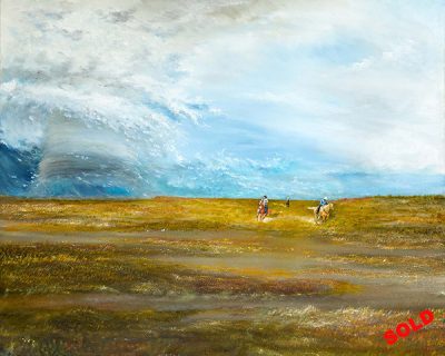 Outrunning the Tornado<br />
Oil on Canvas<br />
Dimensions: 30″ wide 24″ high